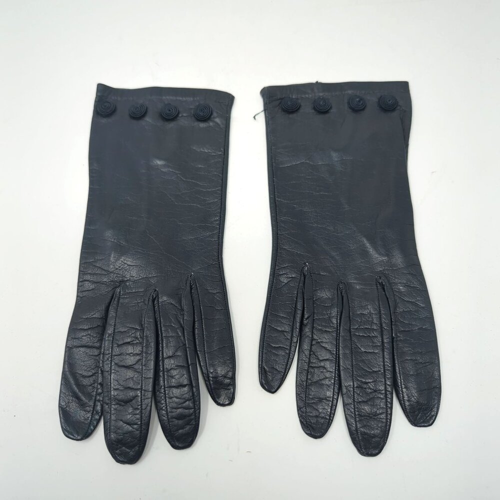 Vintage Antique Black Leather Gloves Wrist Rosettes